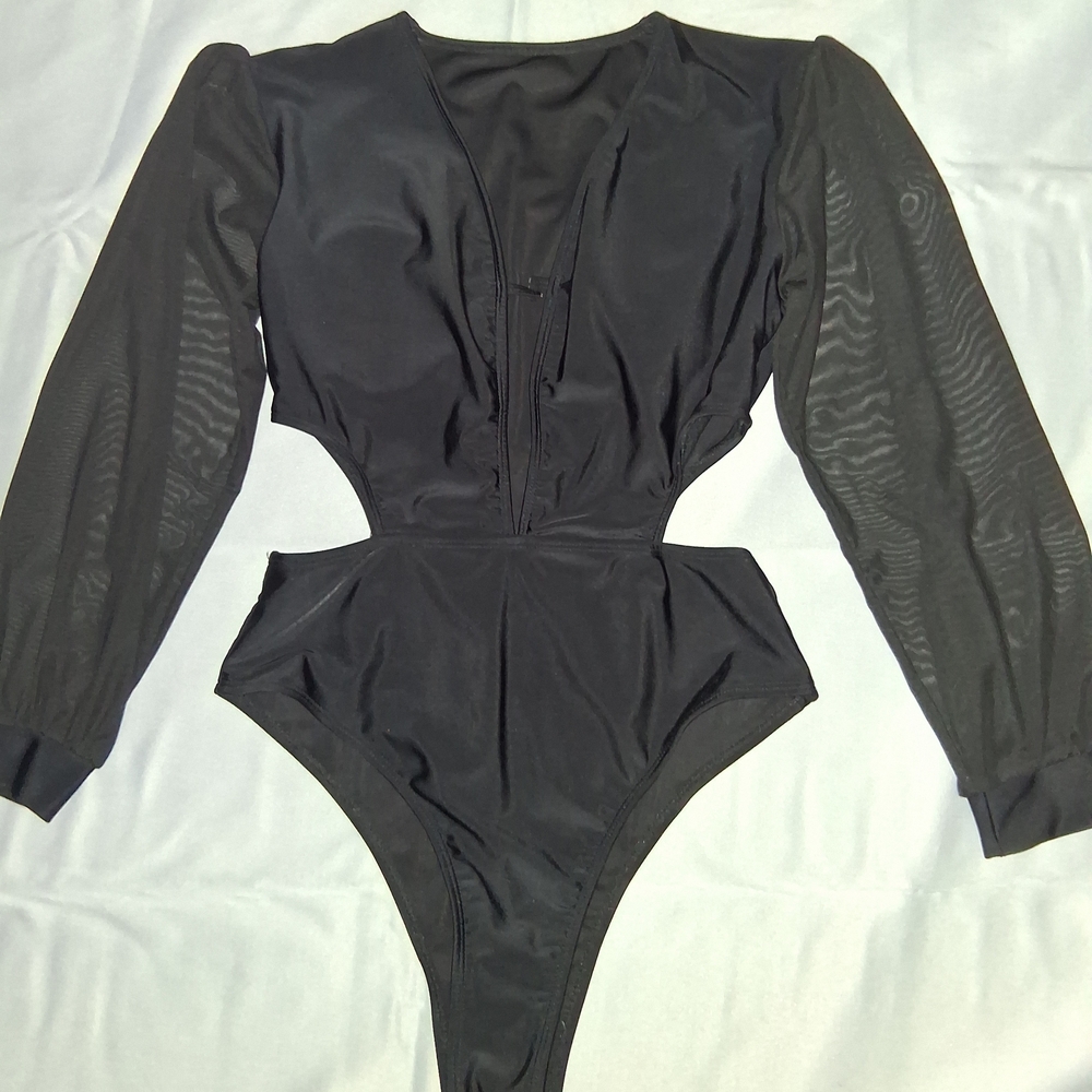 Shein Plunge Bodysuit with Mesh Sleeves & Side Cut-outs